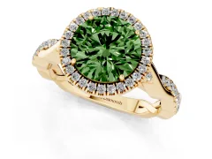 Fancy Green Round Cut Diamond Halo Twist Band Solitaire Ring Set in Yellow gold with Prong Setting
