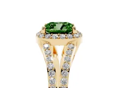 Fancy Green Cushion Cut Diamond Halo Split Shank Pavé Ring Set in Yellow gold with Prong Setting