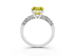 Fancy Yellow Asscher Cut Diamond Pavé Band Solitaire Ring Set in White gold with Close-Set Accent Stones and Prong Setting
