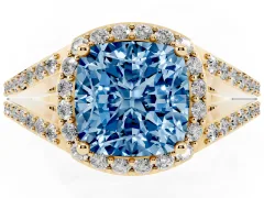 Fancy Blue Cushion Cut Diamond Halo Split Shank Pavé Ring Set in Yellow gold with Prong Setting