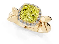 Fancy Yellow Cushion Cut Diamond Halo Floral Band Ring Set in Yellow gold with Prong Setting