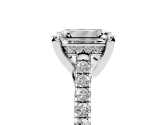 Emerald Cut Diamond Solitaire Ring Set in Silver with Brilliant Pavé Band and Prong Setting