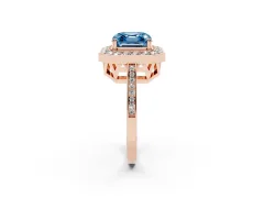 Fancy Blue Asscher Cut Diamond Halo Ring Set in Rose gold with Accent-Lined Split Shank and Prong Setting