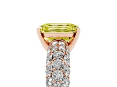 Fancy Yellow Emerald Cut Diamond Pavé Band Solitaire Ring Set in Rose gold with Close-Set Accent Stones and Prong Setting