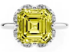 Fancy Yellow Asscher Cut Diamond Round Cluster Halo Ring Set in Silver with Solitaire Band and Prong Setting