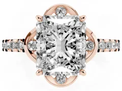 Radiant Cut Diamond Solitaire Ring Set in Rose gold with Pavé Band and Floral Prong Setting