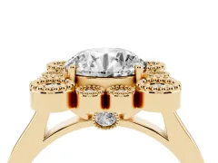 Round Cut Diamond Cluster Halo Ring Set in Yellow gold with Milgrain Bezel Accents and Plain Band
