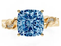 Fancy Blue Cushion Cut Diamond Vine Band Solitaire Ring Set in Yellow gold with Milgrain Prong Setting