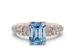 Fancy Blue Emerald Cut Diamond Pavé Band Solitaire Ring Set in Rose gold with Close-Set Accent Stones and Prong Setting
