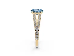 Fancy Blue Oval Cut Diamond Split Shank Pavé Engagement Ring Set in Yellow gold with Prong-Held Center Stone