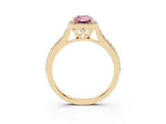 Fancy Pink Radiant Cut Diamond Halo Engagement Ring Set in Yellow gold with Round Pavé Shoulders and Heart Gallery