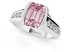 Fancy Pink Emerald Cut Diamond Bezel-Set Solitaire Ring Set in White gold with Channel-Set Band