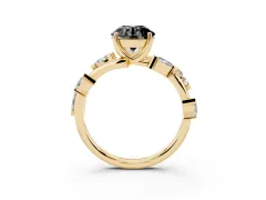 Fancy Black Round Cut Diamond Solitaire Ring Set in Yellow gold with Twisted Marquise Accent Band