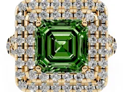 Fancy Green Asscher Cut Diamond Double Halo Ring Set in Yellow gold with Pavé Split Shank and Prong Setting