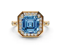 Fancy Blue Asscher Cut Diamond Halo Engagement Ring Set in Yellow gold with Twisted Band and Prong Setting