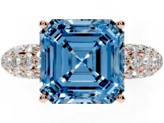 Fancy Blue Asscher Cut Diamond Pavé Band Solitaire Ring Set in Rose gold with Close-Set Accent Stones and Prong Setting