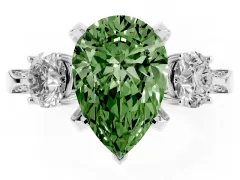 Fancy Green Pear Cut Diamond Three-Stone Ring Set in Silver with Pavé Band and Smaller Side Stones