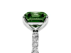 Fancy Green Asscher Cut Diamond Solitaire Engagement Ring Set in Silver with Round Pavé Band and Prong Setting