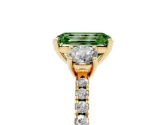 Fancy Green Emerald Cut Diamond Three-Stone Ring Set in Yellow gold with Pavé Band and Graduated Sides