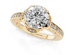 Round Cut Diamond Halo Ring Set in Yellow gold with Channel Set Band and Prong Setting