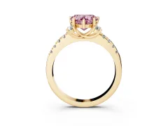 Fancy Pink Heart Cut Diamond Three-Stone Pavé Ring Set in Yellow gold with Prong Setting