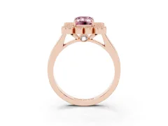 Fancy Pink Emerald Cut Diamond Cluster Halo Ring Set in Rose gold with Milgrain Bezel Accents and Plain Band