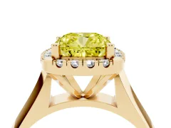 Fancy Yellow Cushion Cut Diamond Halo Solitaire Engagement Ring Set in Yellow gold with Square Band and Prong Setting