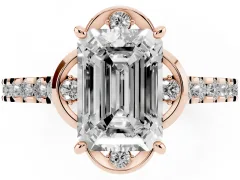 Emerald Cut Diamond Solitaire Ring Set in Rose gold with Pavé Band and Floral Prong Setting
