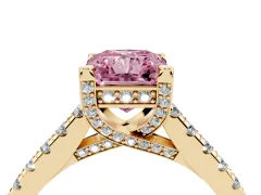 Fancy Pink Radiant Cut Diamond Solitaire Ring Set in Yellow gold with Brilliant Pavé Band and Prong Setting