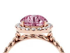 Fancy Pink Round Cut Diamond Halo Ring Set in Rose gold with Plain Twisted Band