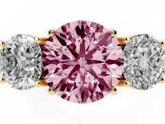 Fancy Pink Round Cut Diamond Three-Stone Engagement Ring Set in Yellow gold with Milgrain Pavé Band