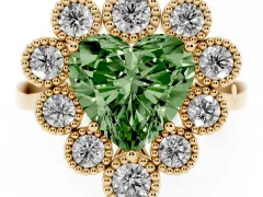 Fancy Green Heart Cut Diamond Cluster Halo Ring Set in Yellow gold with Milgrain Bezel Accents and Plain Band