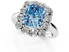 Fancy Blue Radiant Cut Diamond Halo Cluster Engagement Ring Set in Platinum with Polished Band and Prong Setting