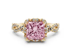 Fancy Pink Princess Cut Diamond Halo Twist Band Solitaire Ring Set in Yellow gold with Prong-Set Center Stone