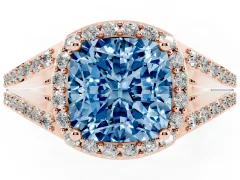 Fancy Blue Cushion Cut Diamond Halo Split Shank Pavé Ring Set in Rose gold with Prong Setting