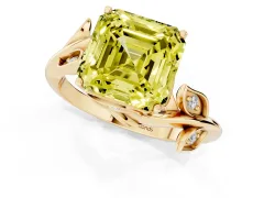 Fancy Yellow Asscher Cut Diamond Solitaire Twist Engagement Ring Set in Yellow gold with Pavé Leaf Accents