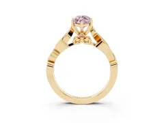 Fancy Pink Marquise Cut Diamond Vine Band Solitaire Ring Set in Yellow gold with Milgrain Prong Setting