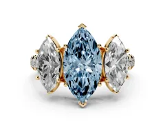 Fancy Blue Marquise Cut Diamond Three-Stone Ring Set in Yellow gold with Pavé Band