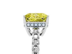 Fancy Yellow Radiant Cut Diamond Solitaire Engagement Ring Set in Silver with Pavé Band and Prong Setting