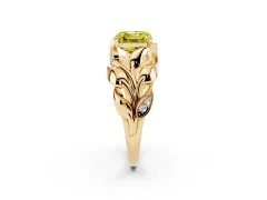 Fancy Yellow Asscher Cut Diamond Leaf-Inspired Engagement Ring Set in Yellow gold with Round Accents