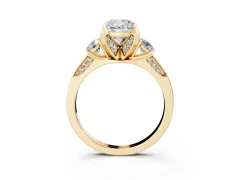 Cushion Cut Diamond Three-Stone Ring Set in Yellow gold with Pavé Band and Smaller Side Stones
