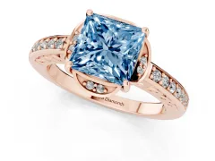 Fancy Blue Princess Cut Diamond Halo Ring Set in Rose gold with Channel Set Band and Prong Setting