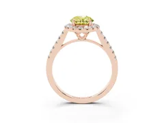 Fancy Yellow Oval Cut Diamond Pavé Halo Engagement Ring Set in Rose gold with Pavé Band and Prong Setting