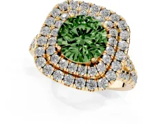 Fancy Green Round Cut Diamond Double Halo Ring Set in Yellow gold with Pavé Split Shank and Prong Setting