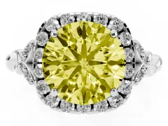 Fancy Yellow Round Cut Diamond Halo Engagement Ring Set in Platinum with Vintage-Inspired Band and Prong Setting