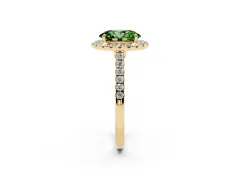 Fancy Green Oval Cut Diamond Halo Pavé Engagement Ring Set in Yellow gold with Prong Setting
