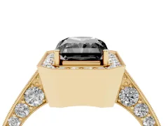 Fancy Black Radiant Cut Diamond Halo Engagement Ring Set in Yellow gold with Accent Split Shank Band