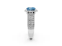 Fancy Blue Radiant Cut Diamond Halo Ring Set in Platinum with Pavé Band and Raised Center Setting