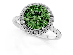 Fancy Green Round Cut Diamond Halo Ring Set in Silver with Plain Twisted Band
