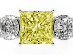 Fancy Yellow Princess Cut Diamond Three-Stone Ring Set in Platinum with Round Side Stones and Classic Band